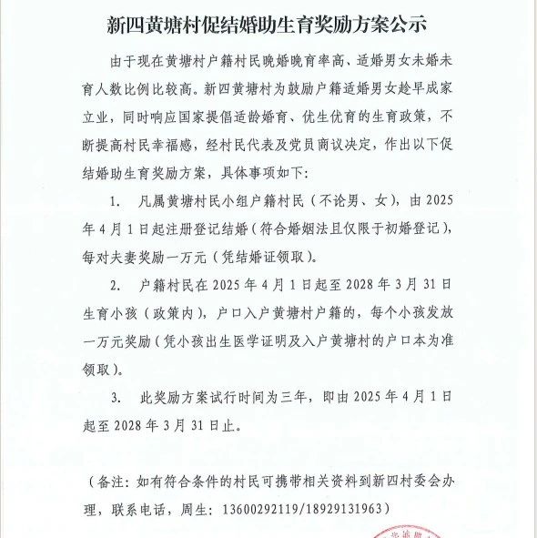 廣東一村結婚生育各獎勵1萬元！